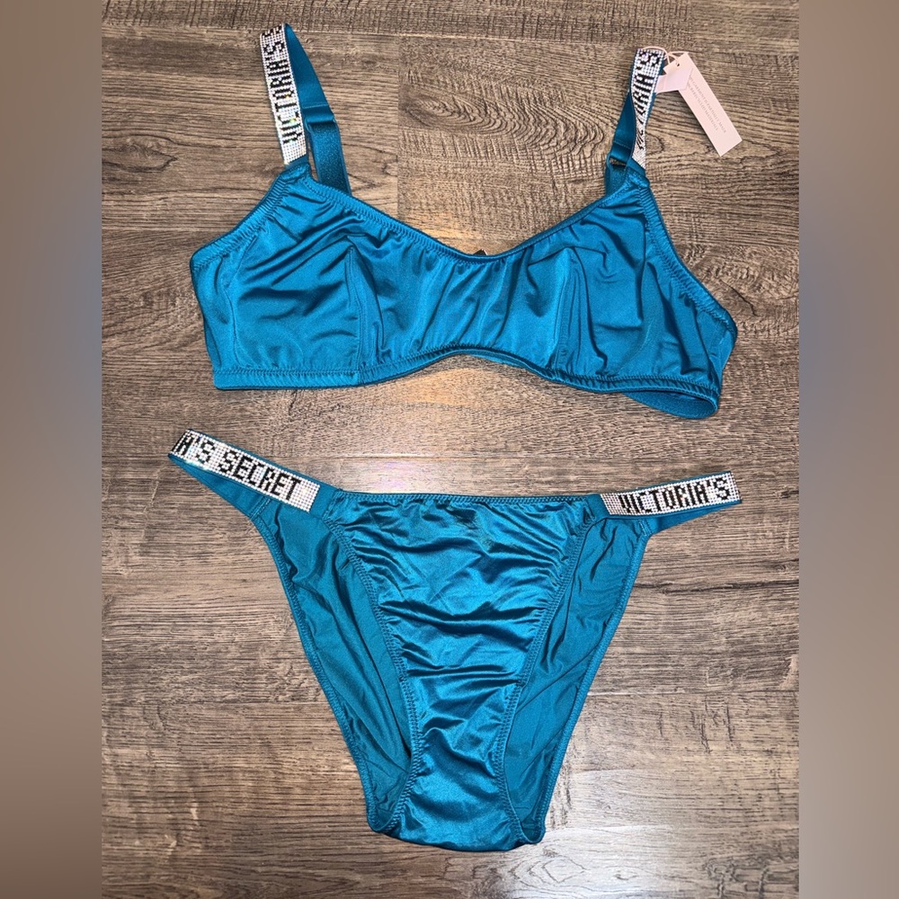 Victoria's Secret Teal Satin Bikini Brief & Bralette Set